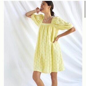 Maeve by Anthropologie Yellow Eyelet Puff Sleeve Mini Dress